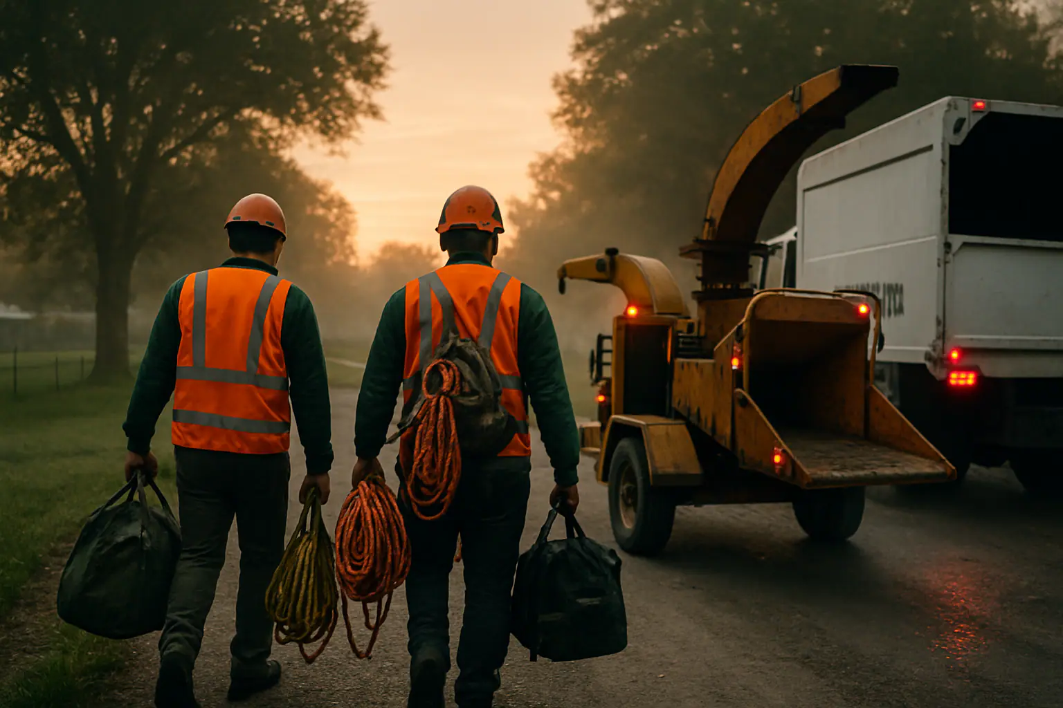 Tree work equipment staged safely on a residential property