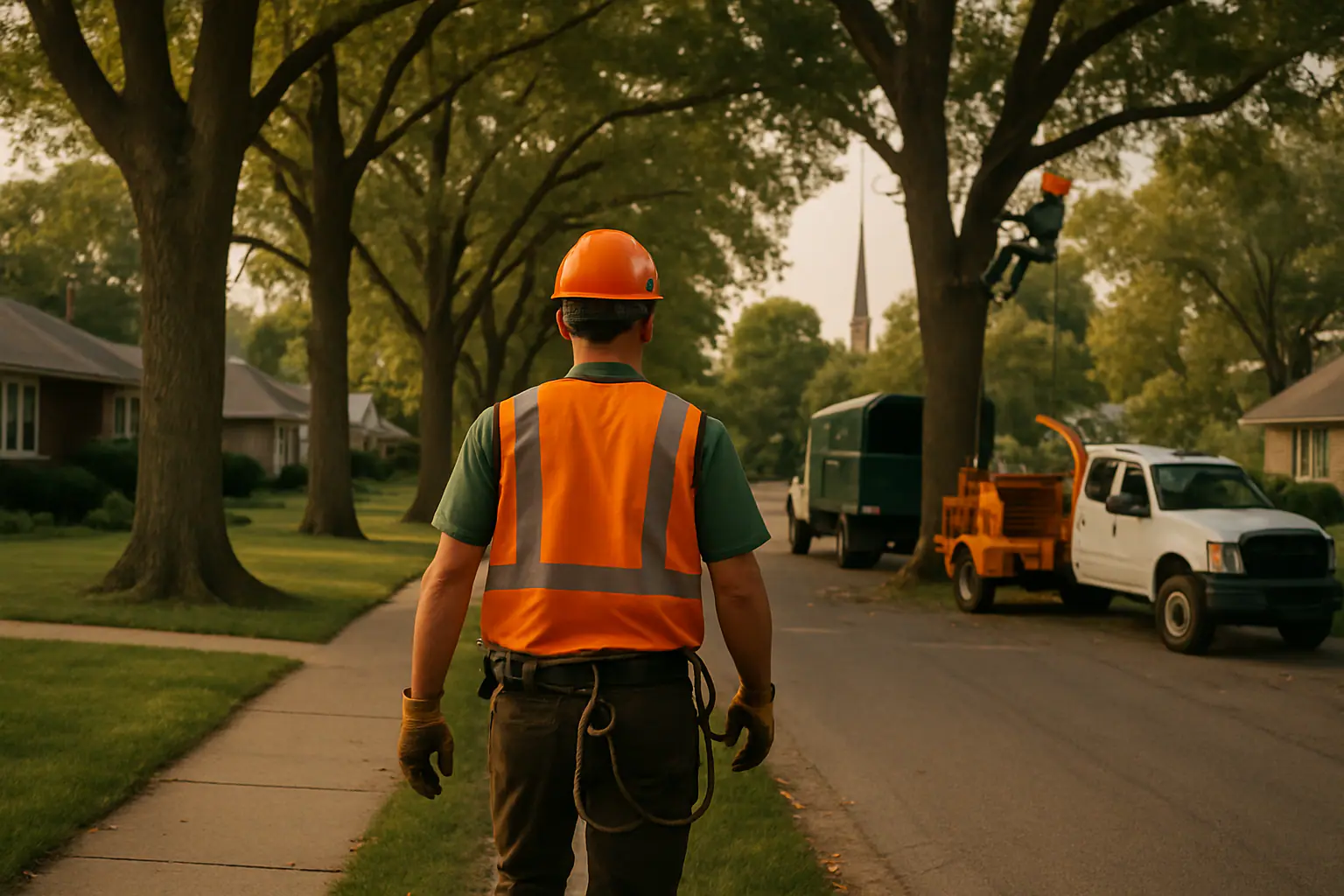 Established tree canopy over a residential neighborhood in Higginsville, Missouri