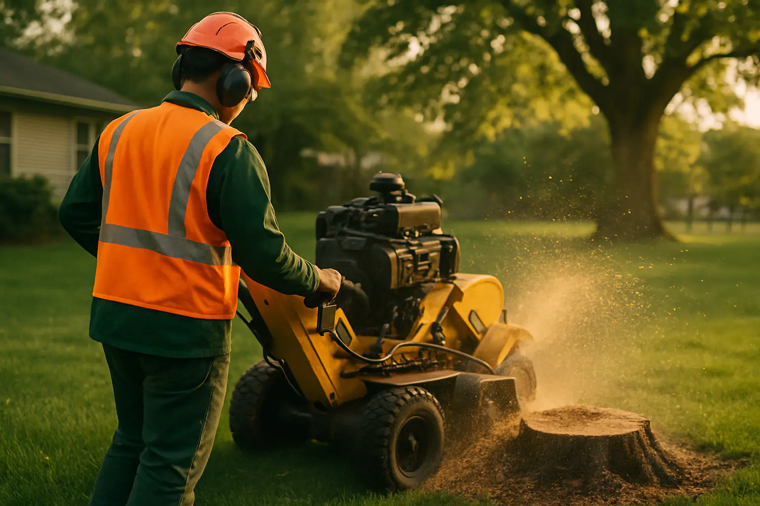 Stump grinder machine cutting a tree stump below grade in a Missouri yard
