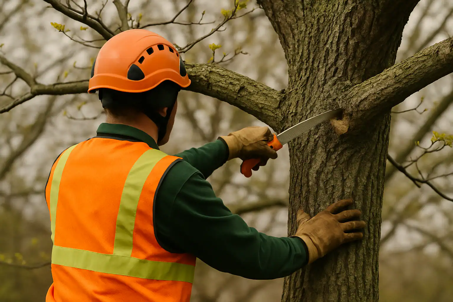 Arborist making a clean pruning cut at the branch collar of a shade tree