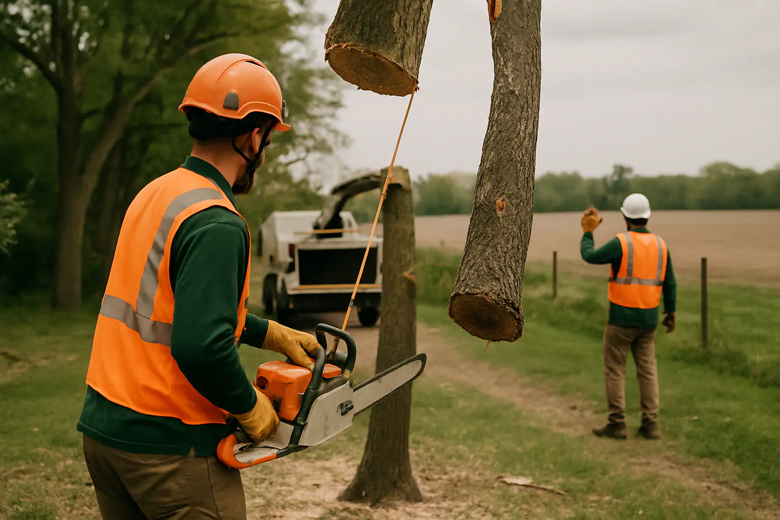 Tree removal crew sectional felling a large tree in a Lafayette County yard