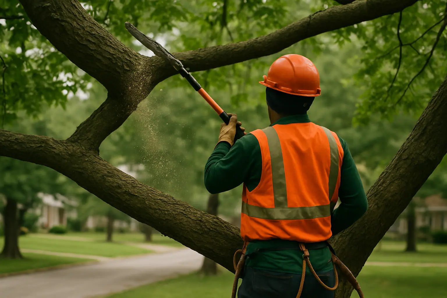 Arborist trimming branches with a pole saw beside a rural Missouri home